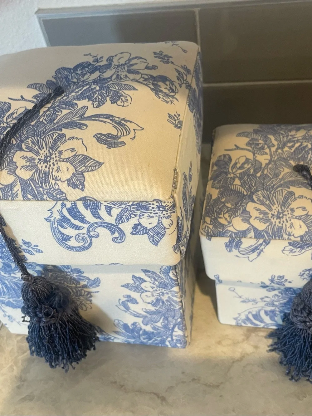 Blue Floral Decorative Storage Boxes with Tassels - Home Accents